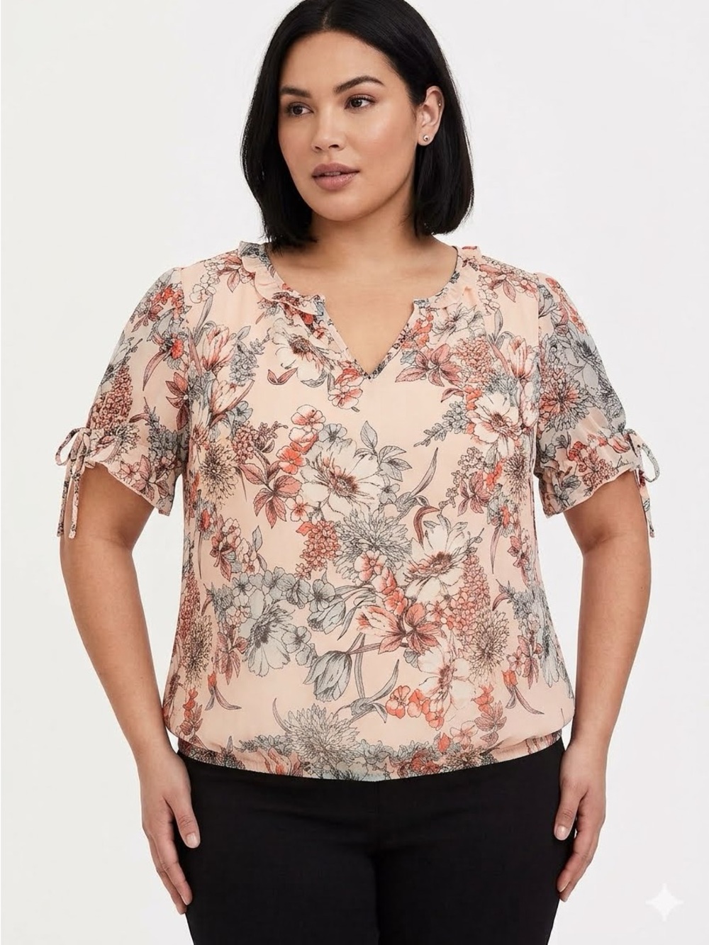 Meg & Margot Lightweight Floral V-Neck Short Sleeve Blouse Size L